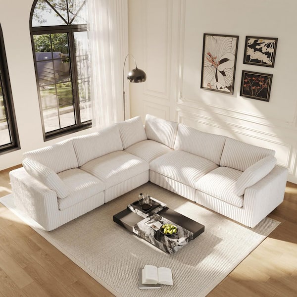 J&E Home 118.1 in. Square Arm Oversized Faux Rabbit Fur Fabric 5-Piece Free Combination Modular Sectional Sofa in Beige