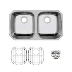 32 in. Undermount 50/50 Double Bowl 16-Gauge Stainless Steel Kitchen Sink with Bottom Grids