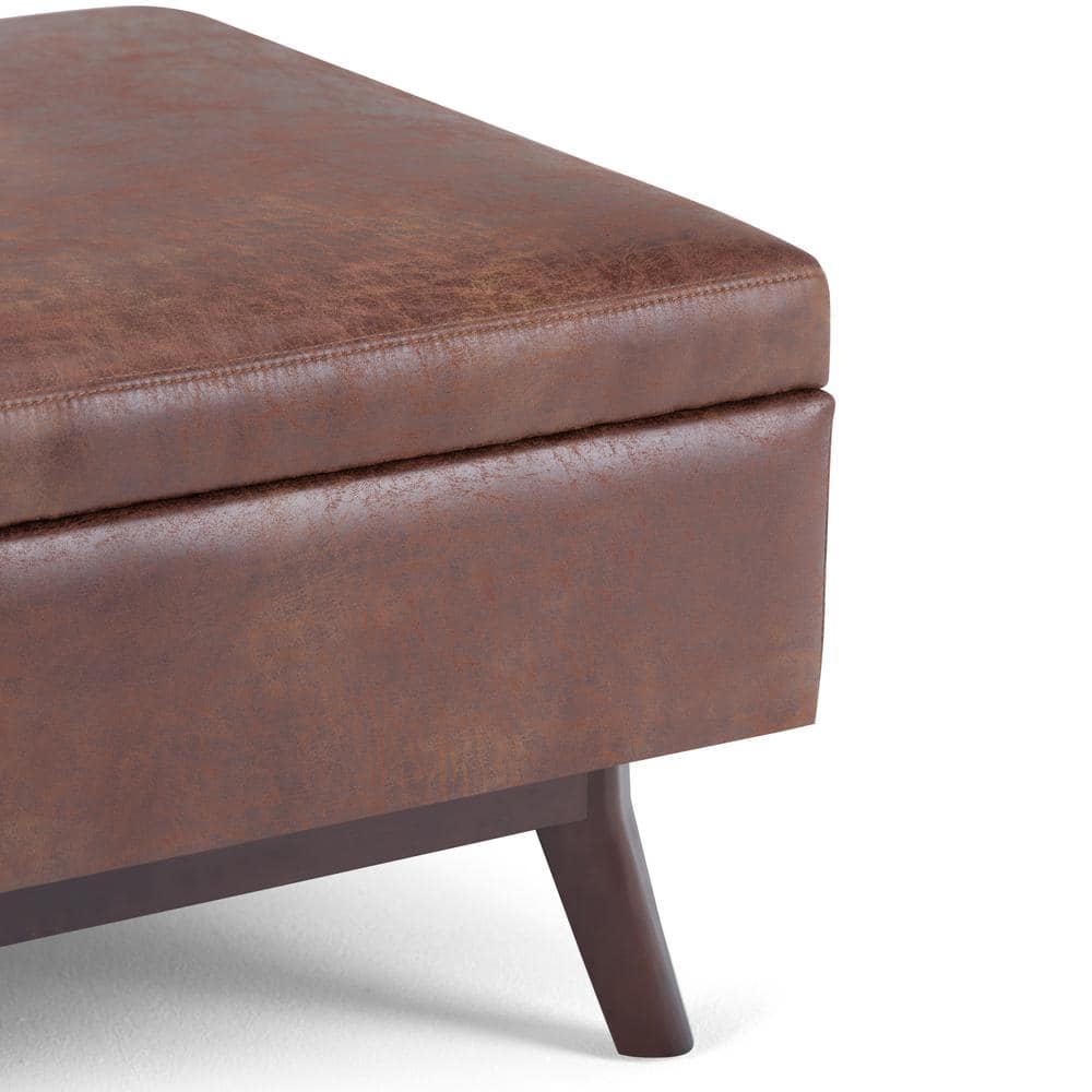 Distressed Saddle Brown Wood Storage Ottoman with Hydraulic Lift