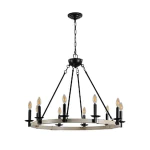 10-Light Black Rustic Farmhouse Chandelier with Metal and Wood Design, Adjustable Height, E12 Base, No Bulbs Included