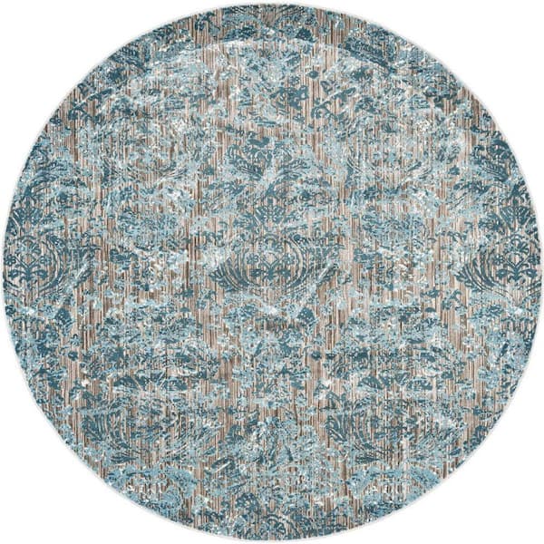 9 ft. Round Blue, Taupe, Ivory Abstract Area Rug