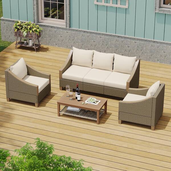 Nestfair 4--Piece Brown Gray Wicker Outdoor Patio Conversation Sofa Set with Wooden Coffee Table and Beige Cushions