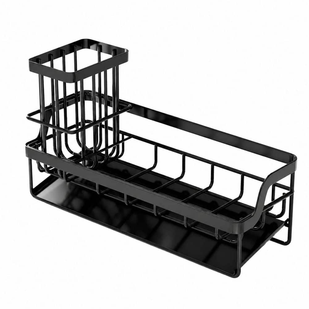 Black Stainless Steel Sink Caddy with Self Drain Tray and Brush Holder for Kitchen Countertop