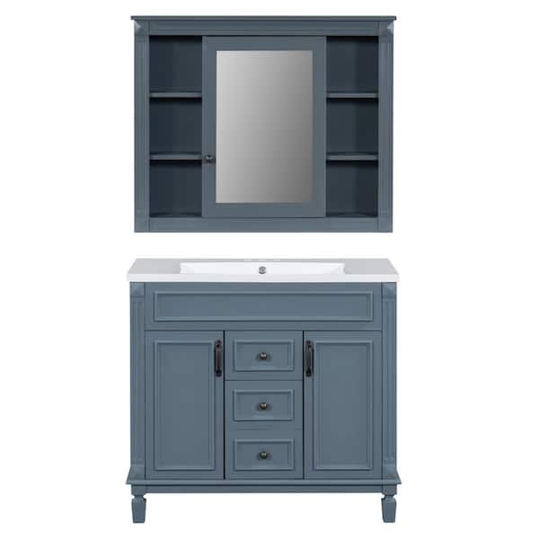 36 in. W x 18.10 in. D x 34.10 in. H Single Sink Bath Vanity Mirror Cabinet in Blue with White Resin Top and Mirror
