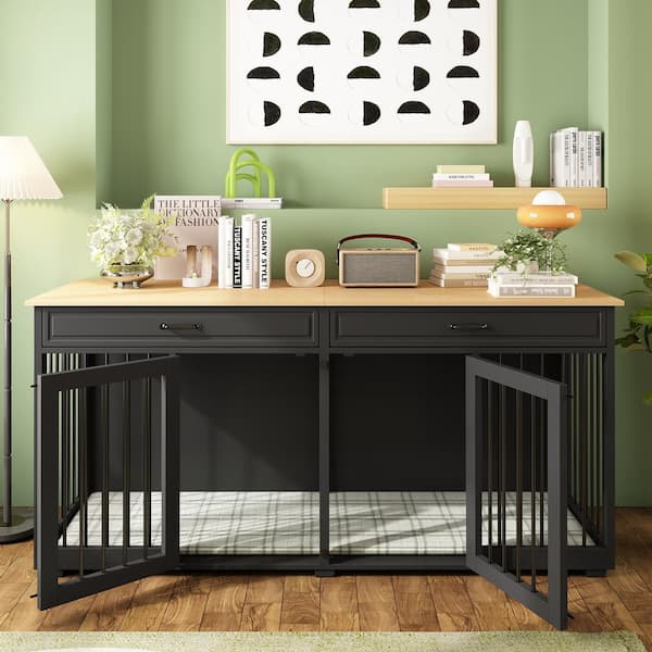 Black Large Dog Crate, Wooden Dog Kennels with Drawers and Divider, Modern Heavy Duty Indoor Dog House Cage for 2 Dogs