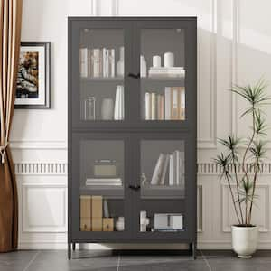 Black Metal Pantry Organizer, Display Cabinet with 4-Glass Doors and 4-Shelves