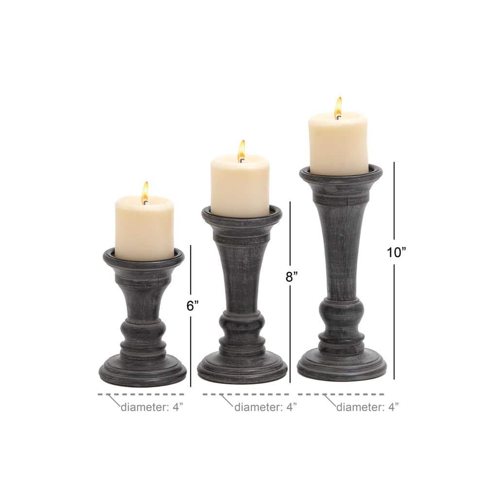 Black Mango Wood Ridge Embellished Candle Holders, Set of 3