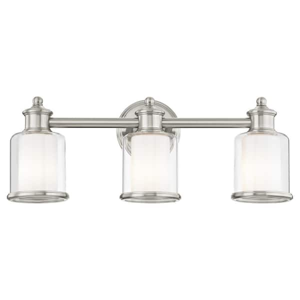 Bellington 23.5 in. 3-Light Brushed Nickel Vanity Light with Clear Outer Glass and Satin Opal Inner Glass