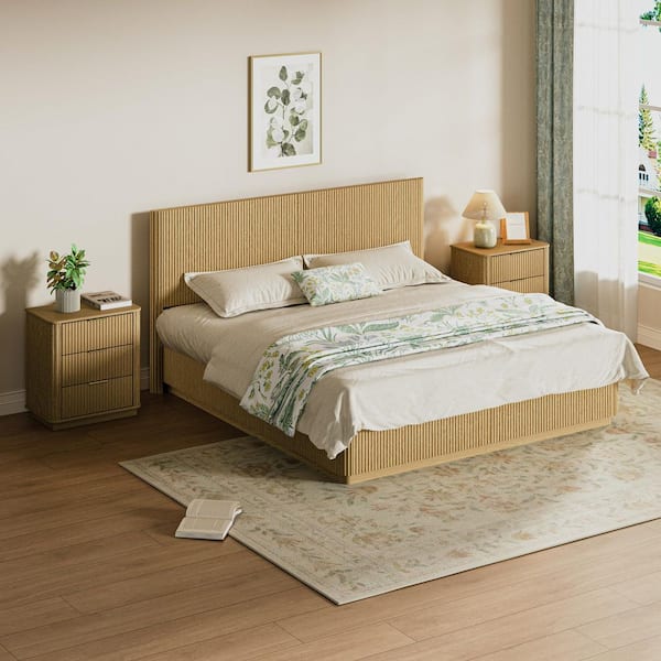 Lachlan Modern Oak Brown Wooden Frame King Size Platform Bed with Headboard, LED Lighting
