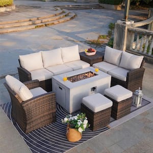 Tilia II 7-Pieces Rock and Fiberglass Fire Pit Table Brown Wicker Sectional Sofa Set with Beige Cushions & a Storage Box