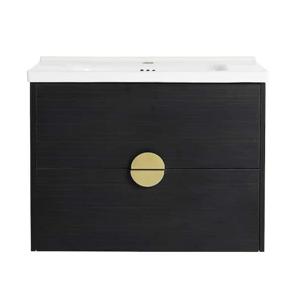 Boosicavelly 27.80 in. W x 18.50 in. D x 21.40 in. H Single Sink Wall Mounted Bath Vanity in Black Chestnut with White Ceramic Top