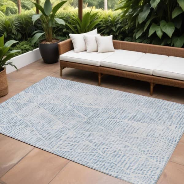 Denim Blue, Ivory, Gray 9 ft. x 12 ft. Woven Geometric Polyester Rectangle Indoor / Outdoor Area Rug