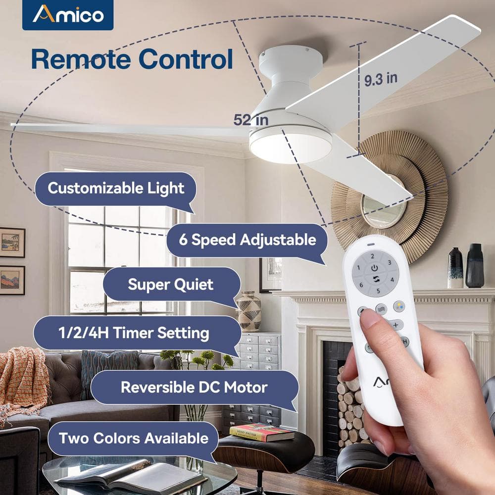52-Inch White Low Profile Smart Ceiling Fan with Light and Remote
