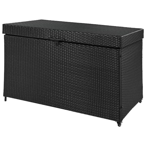 Otryad 200 Gal. Rattan Deck Box with Wheels, All-Weather Outdoor Storage Box for Patio Furniture, Cushion, Garden Tool in Black