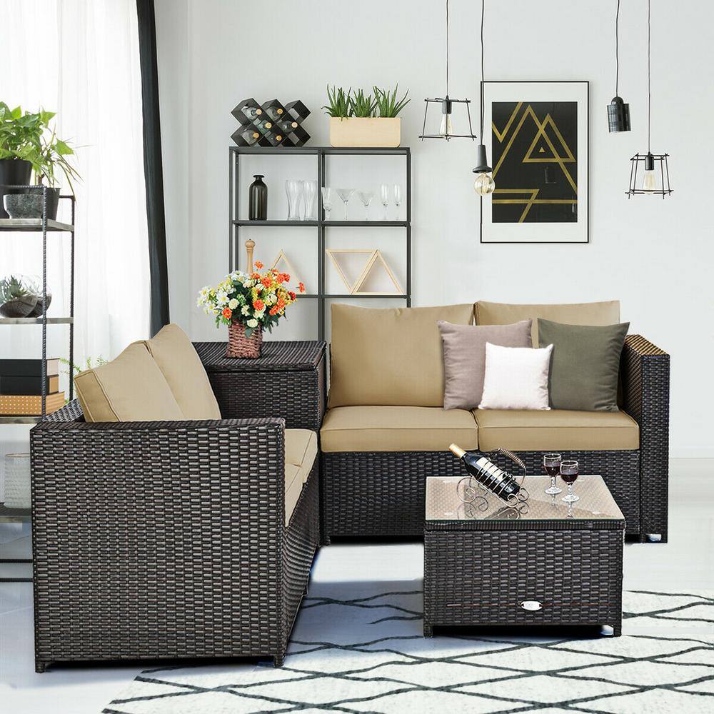 Brown 4-Piece Rattan Wicker Outdoor Patio Set with Cushions