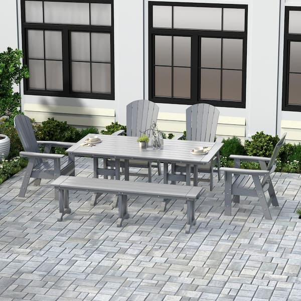 WESTIN OUTDOOR Altura Outdoor Patio Weather Resistant 6-Piece HDPE Plastic White Rectangle Adirondack Dining Set With Bench