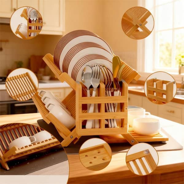Natural Bamboo Dish Drying Rack with Utensil Holder, 3 Tier Counter Collapsible Dish Rack with Absorbent Dish Drying Mat