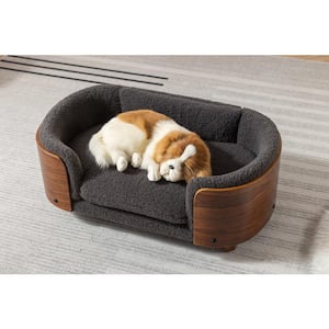 Scandinavian Small Elevated Dog Bed Pet Sofa Solid Wood Legs and Walnut Bent Wood Back Cashmere Cushion in Dark Gray