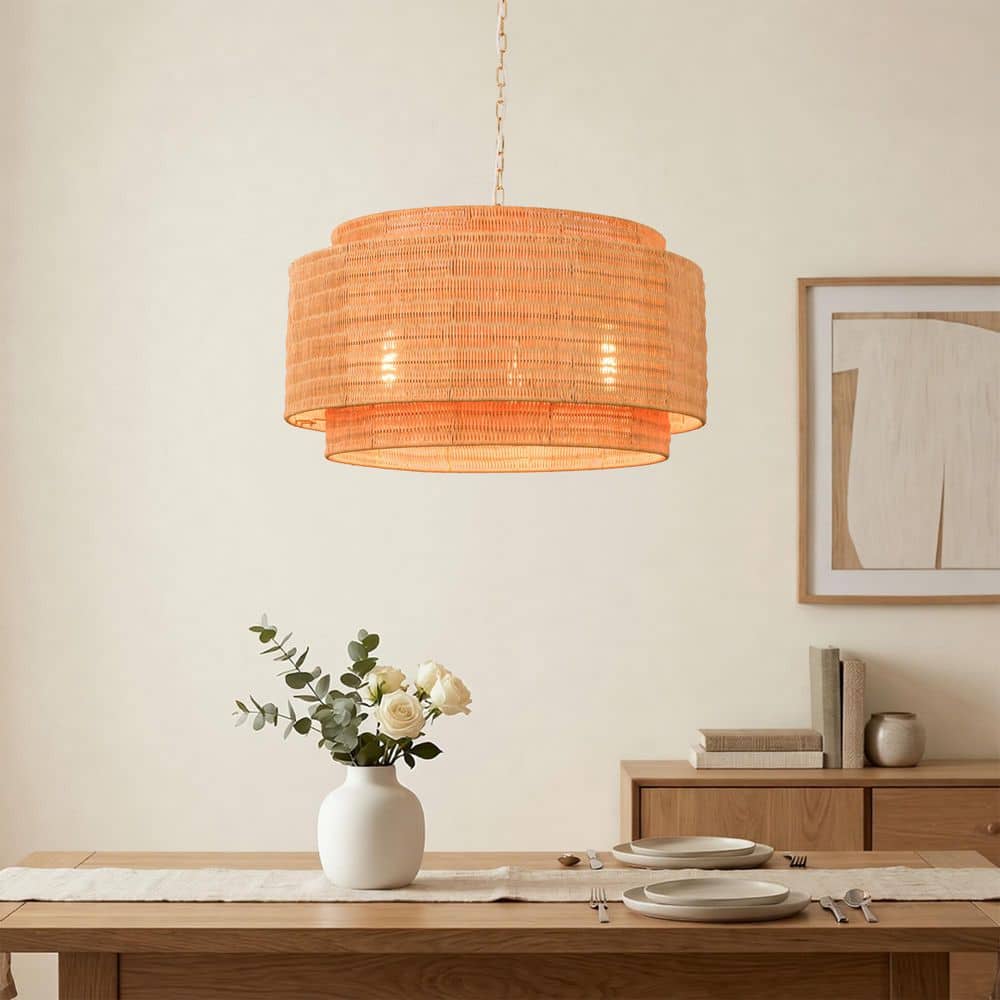 4-light 28 in. Brass Farmhouse Drum Tiered Dimmable Metal Chandelier for Dining Room or Bedroom with Rattan Shade price history on PriceWatchPro