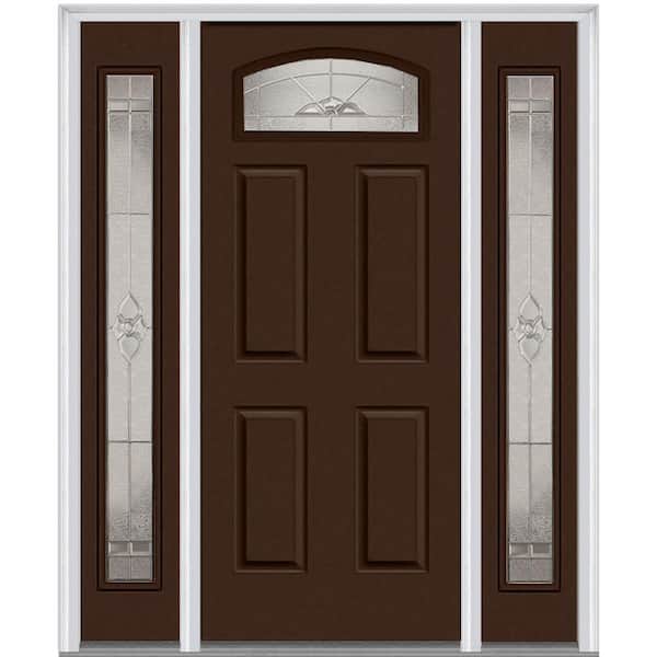 MMI Door 60 in. x 80 in. Master Nouveau Left-Hand Inswing Cambertop Decorative Painted Steel Prehung Front Door with Sidelites