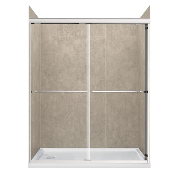 CRAFT + MAIN Cove 60 in. L x 30 in. W x 78 in. H Sliding Left Drain Alcove Shower Stall Kit in Shale and Brushed Nickel Hardware