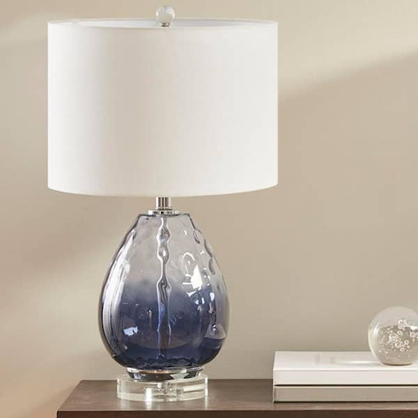 24.25 in. Dark Blue Glass Table Lamp with Cream Drum-Shaped Lamp Shade and Dark Blue Glass Base