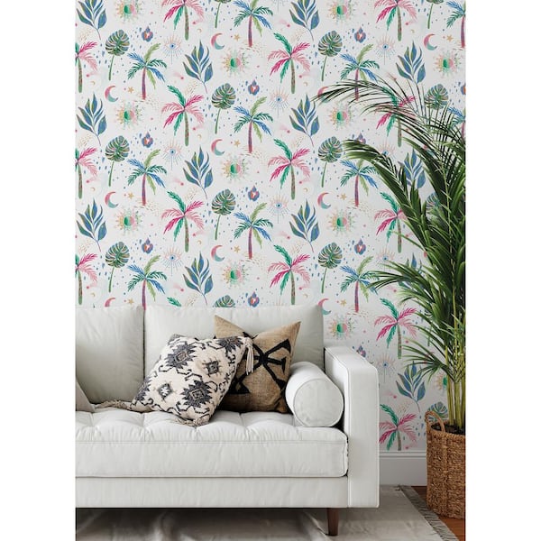 EttaVee White Multi-Colored Nuit Tropicale Vinyl Peel and Stick Wallpaper