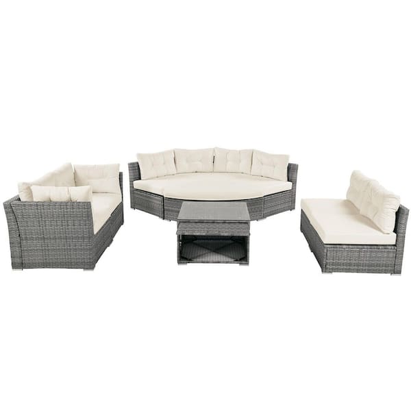 9-Piece Patio Wicker Outdoor Sectional Set with Beige Cushions and Center Table