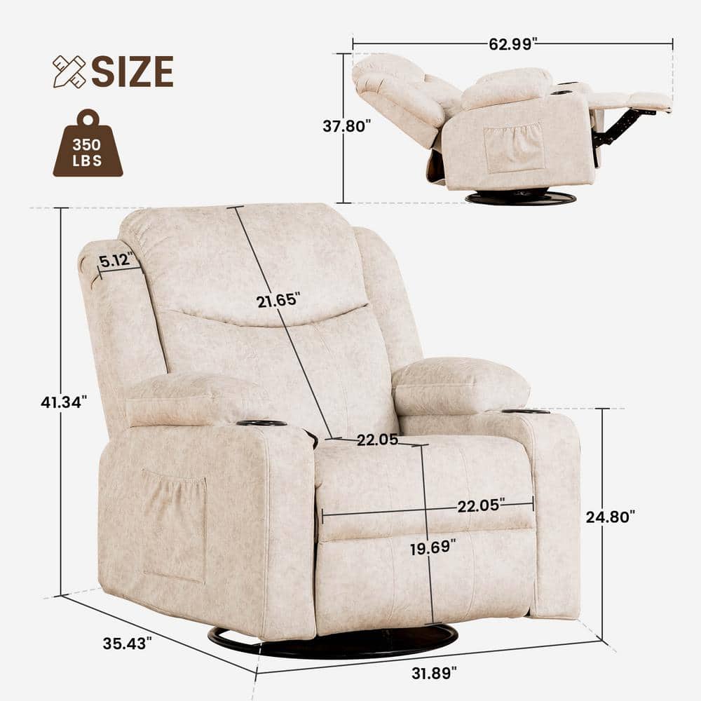 Cream White Fabric Swivel Recliner with Massage and Heat