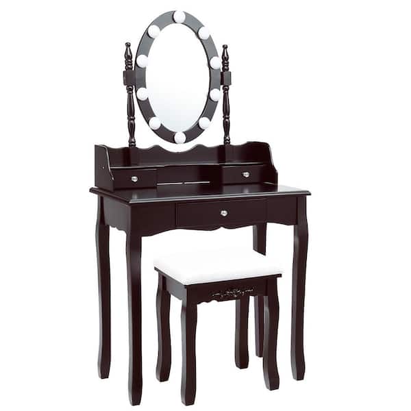 Costway Brown Trunk Vanity Dressing Table 10 Dimmable Bulbs Touch Switch 56.5 in. x 29.5 in. x 16 in.