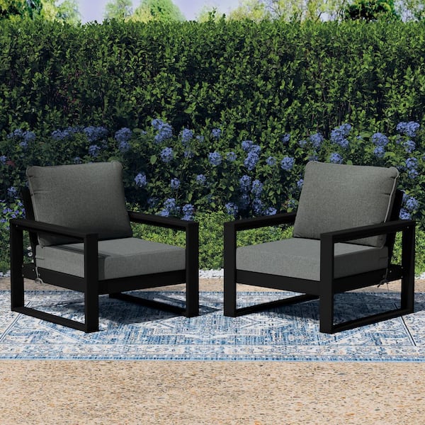 Endless Outdoor All Weather HDPE Plastic Modern Black Deep Seating Patio Club Chair with Gray Cushions (Set of 2)