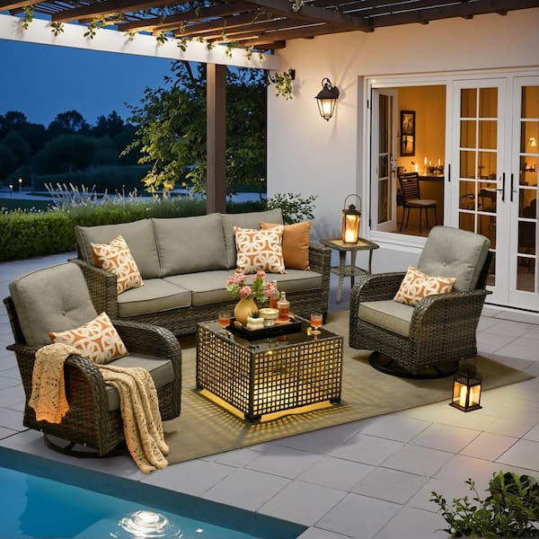 Daphne 5-Piece Wicker Patio Conversation Sofa Seating Set with Swivel Rocking Chairs and Dark Gray Cushions