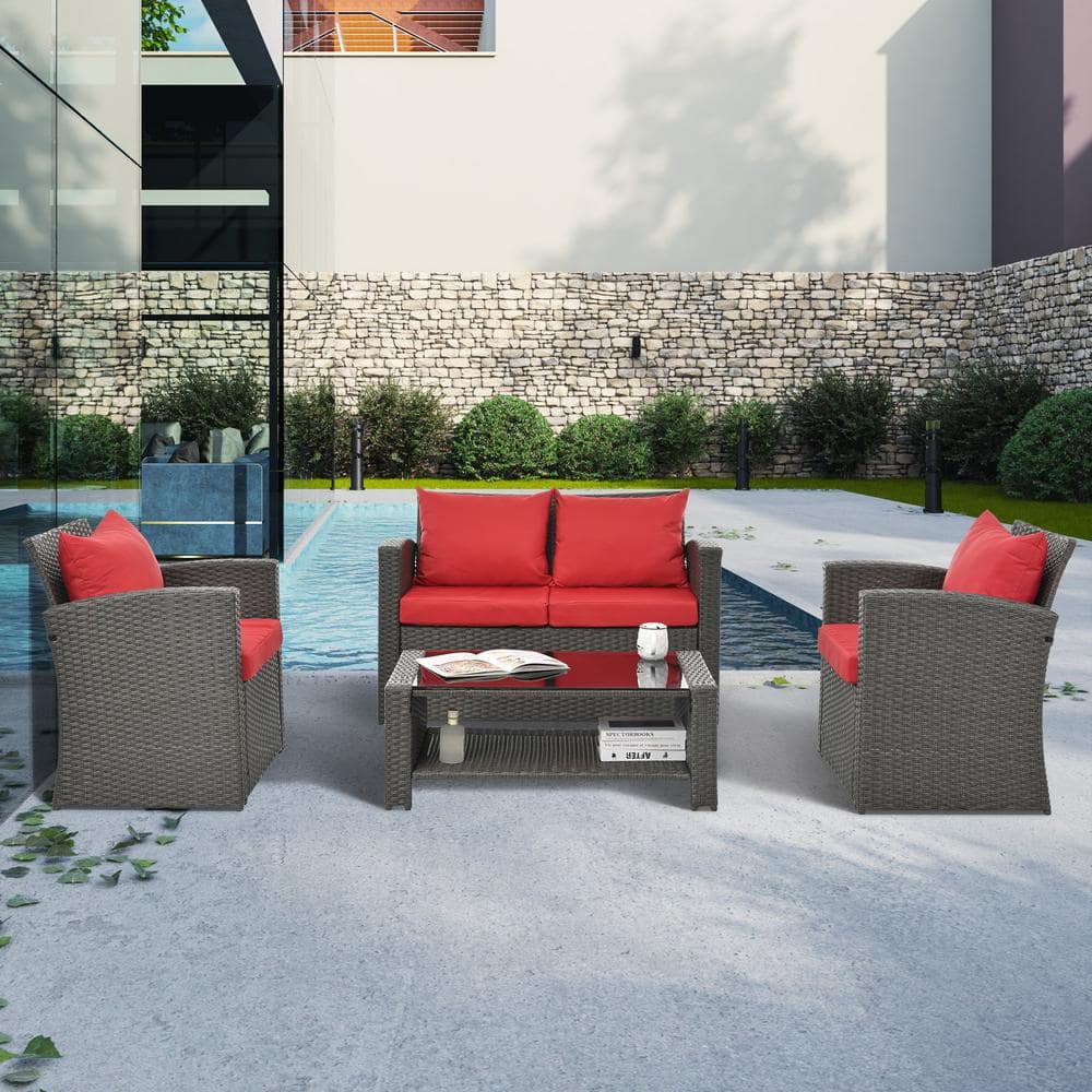 Dark Gray 4-Piece Wicker Patio Conversation Set, Outdoor Sectional Set wih 