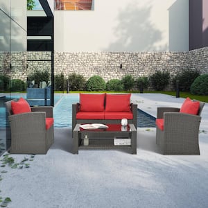 Dark Gray 4-Piece Wicker Patio Conversation Set, Outdoor Sectional Set wih Red Cushions for Backyard Poolside