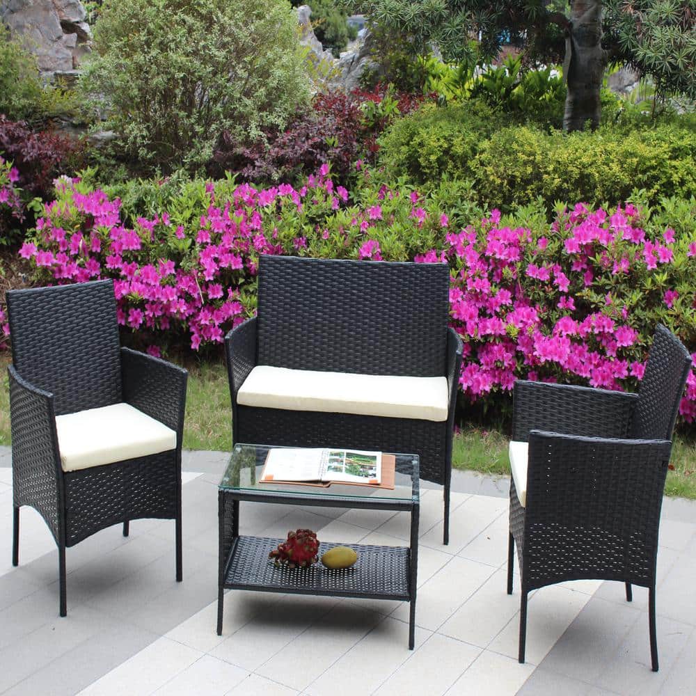 4-Piece Rattan Patio Furniture Set Outdoor Patio Cushioned Seat Wicker Sofa with Beige Cushions price history on PriceWatchPro