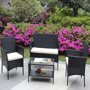 4-Piece Rattan Patio Furniture Set Outdoor Patio Cushioned Seat Wicker Sofa with Beige Cushions