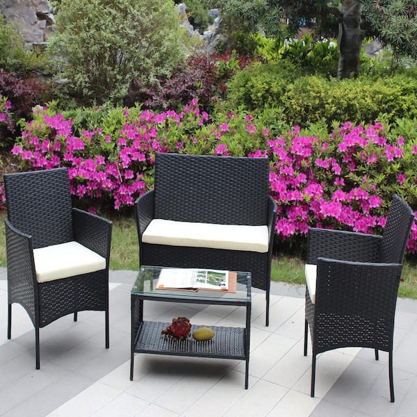 Sudzendf 4-Piece Rattan Patio Furniture Set Outdoor Patio Cushioned Seat Wicker Sofa with Beige Cushions