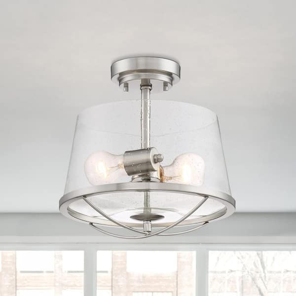 Designers Fountain Darby 12 in. 2-Light Satin Platinum Industrial Entryway Semi-Flush Mount with Clear Seedy Glass Shade