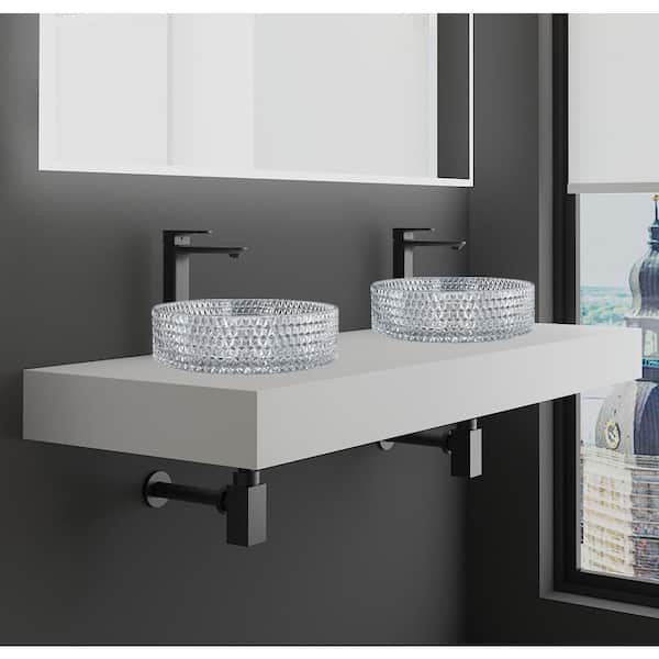60 in. Wall Mounted Bathroom Countertop Shelf in White Solid Surface with 2 Clear Round Glass Vessel Sink