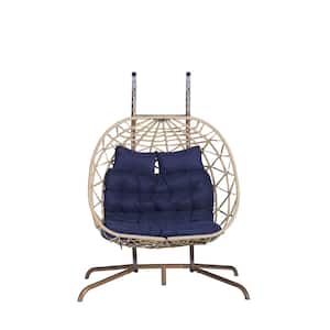 2 Person Wicker Outdoor Rattan Hanging Chair Patio Swing Wicker Egg Chair With Blue Cushion