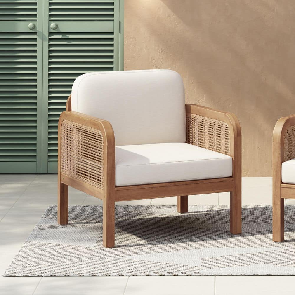 Remy Solid Wood and Wicker Patio Outdoor Lounge Chair with Beige Cushions, Light Teak Finish + Light Brown price history on PriceWatchPro