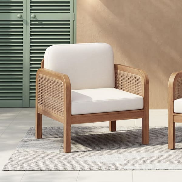 CHRISTOPHER KNIGHT HOME Remy Solid Wood and Wicker Patio Outdoor Lounge Chair with Beige Cushions, Light Teak Finish + Light Brown