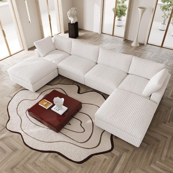 J&E Home 157.48 in. Rabbit Plush Fabric Square Arm 6-Piece Modular Free Combination Sectional Sofa in White