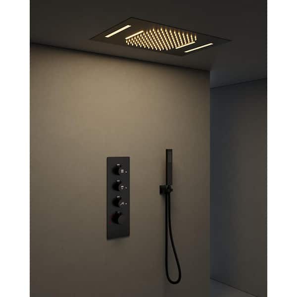 Thermostatic 7-Spray Ceiling Mount 23 x 15 in. Rectangle LED Mood Lighting Shower System in Matte Black(Valve Included)