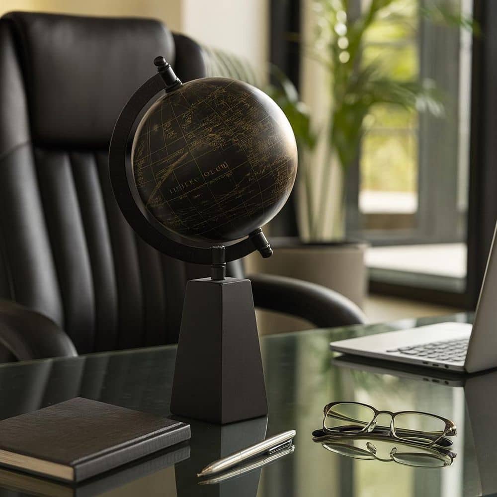 11 in. x 5 in. Black Plastic Decorative Globe with Wood Base