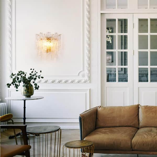 Glacia Luxury 14 in. 2-Light Brass Gold Wall Sconce with Handmade Glacier Crystal Glass for Living Room and Bedroom