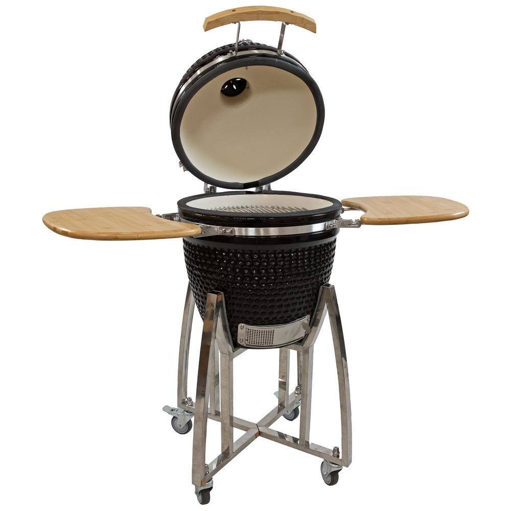 Black Ceramic Kamado Grill with Smoker and Bamboo Side Tables