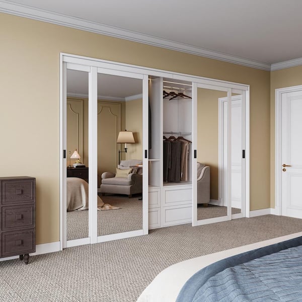 Bypass Glass Sliding Closet Doors - 96x80, Double 48 Inch Sets With Hardware & Fascia, 3 Lite Frosted Tempered Glass Interior Sliding