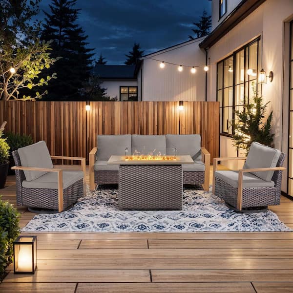 Kove Brown Wicker 4-Piece Patio Conversation Set Outdoor Sectional Seating Set with Firepit Table and Gray Cushion