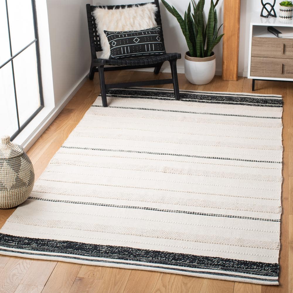 Ivory and Black 9' x 12' Wool Cotton Striped Kilim Rug